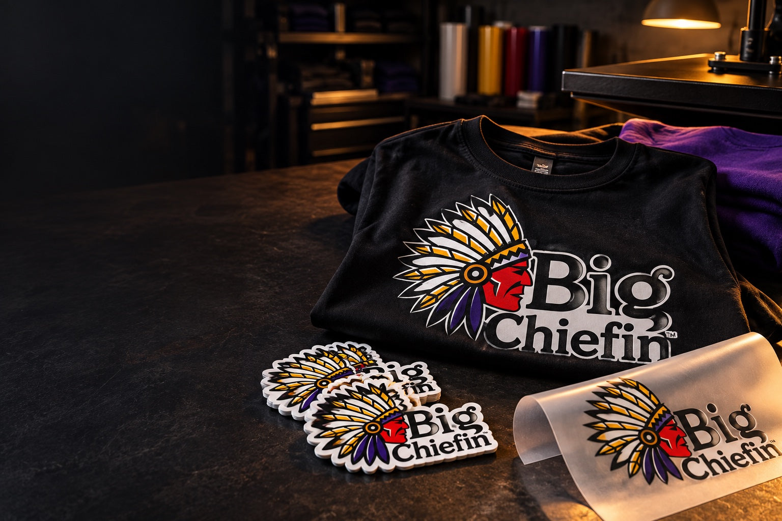 Illustrative branded apparel, die-cut stickers and DTF transfers featuring the Big Chiefin logo