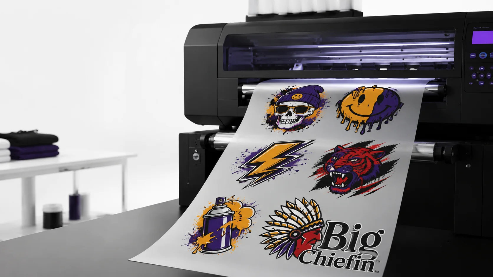 Illustrative printer mockup with multiple designs
