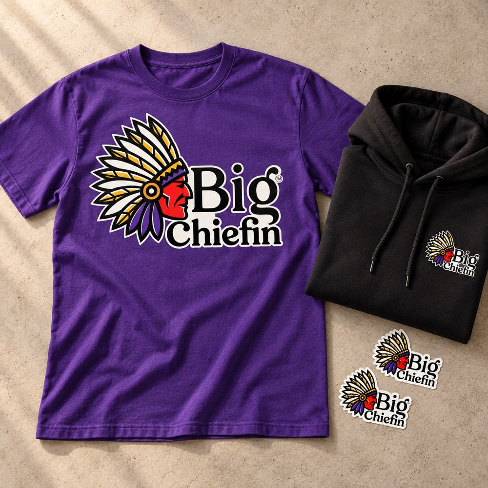 purple Big Chiefin T-shirt and black hoodie with logo stickers