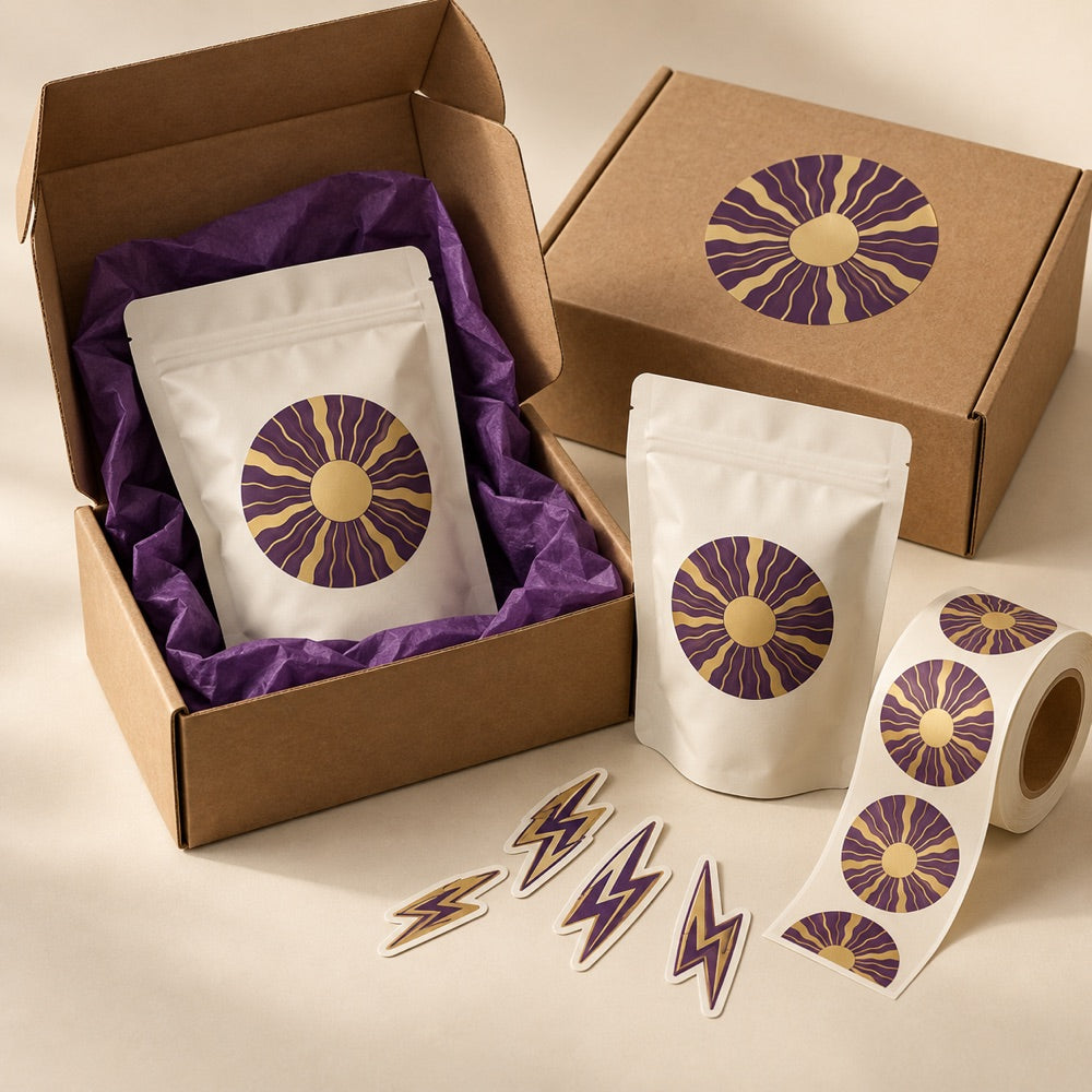 kraft packaging and pouches with purple and gold sticker labels