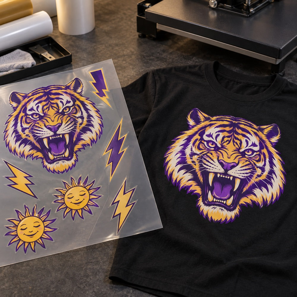 tiger artwork on a DTF sheet and matching black T-shirt